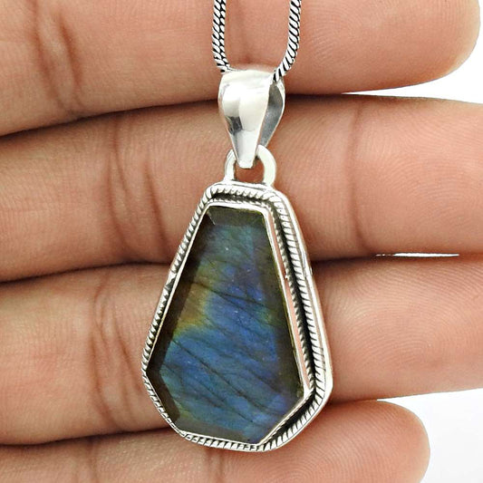 Natural LABRADORITE Gemstone Pendant 925 Sterling Silver HANDMADE Jewelry JJ10