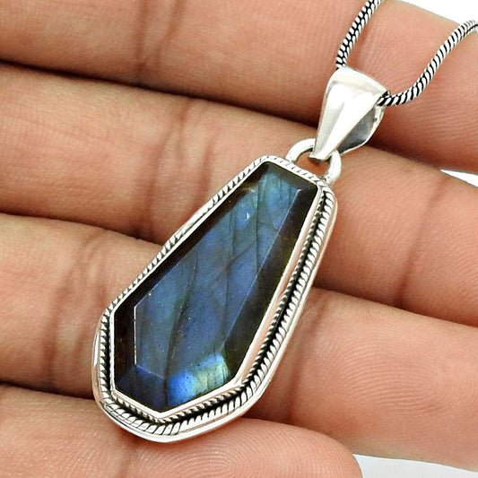 Natural LABRADORITE Gemstone Pendant 925 Sterling Silver HANDMADE Jewelry AA11