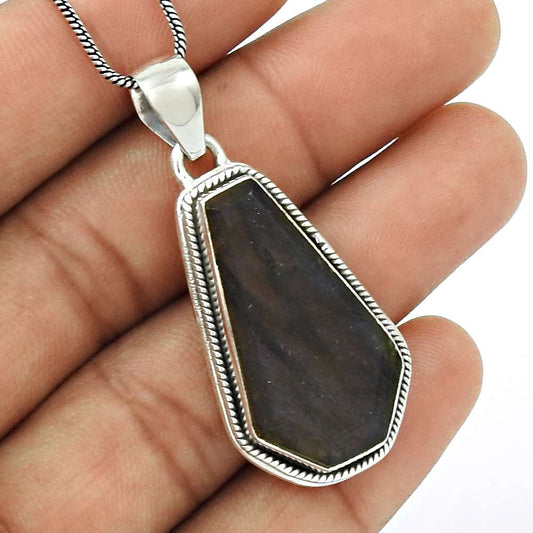 Natural LABRADORITE Gemstone HANDMADE Jewelry 925 Sterling Silver Pendant BB11