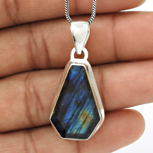 Natural LABRADORITE Gemstone Pendant 925 Silver HANDMADE Fine Jewelry MM11
