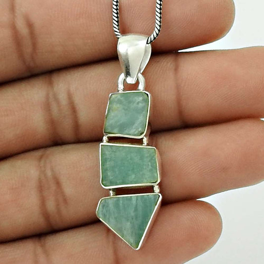 Natural AMAZONITE Gemstone Tribal Pendant 925 Silver HANDMADE Fine Jewelry AO19