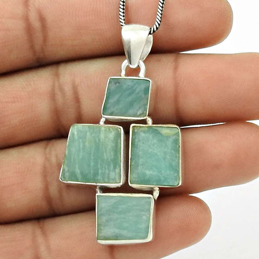 Natural AMAZONITE Gemstone Pendant 925 Sterling Silver HANDMADE Jewelry AR19