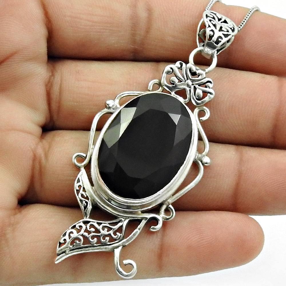 Black Onyx Gemstone Pendant Solid 925 Sterling Silver Handmade Jewelry C15