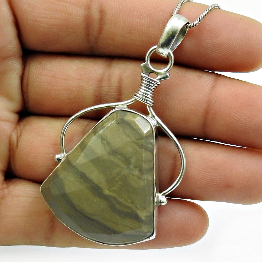 Desert Jasper Gemstone Pendant Solid 925 Sterling Silver Indian Handmade Jewelry E15