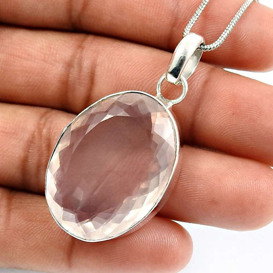 Rose Quartz Gemstone Pendant 925 Sterling Silver Fine Jewelry S39