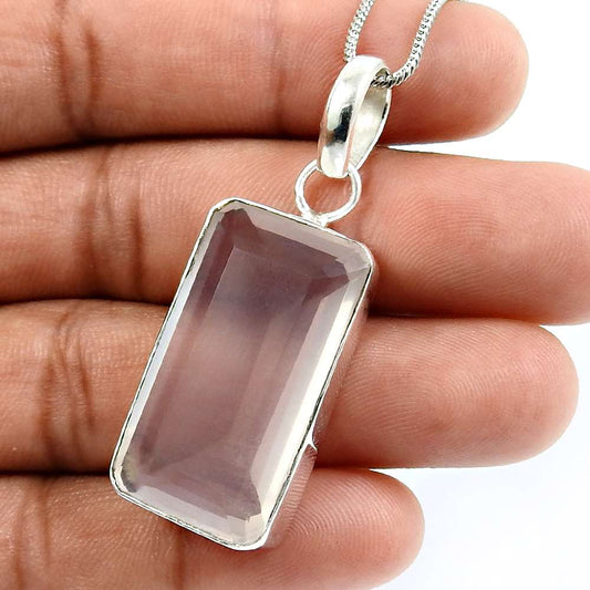 Baguette Rose Quartz Gemstone Jewelry 925 Sterling Silver Pendant W39