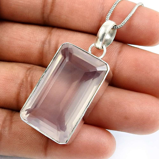 Baguette Rose Quartz Gemstone Jewelry 925 Sterling Silver Pendant X39