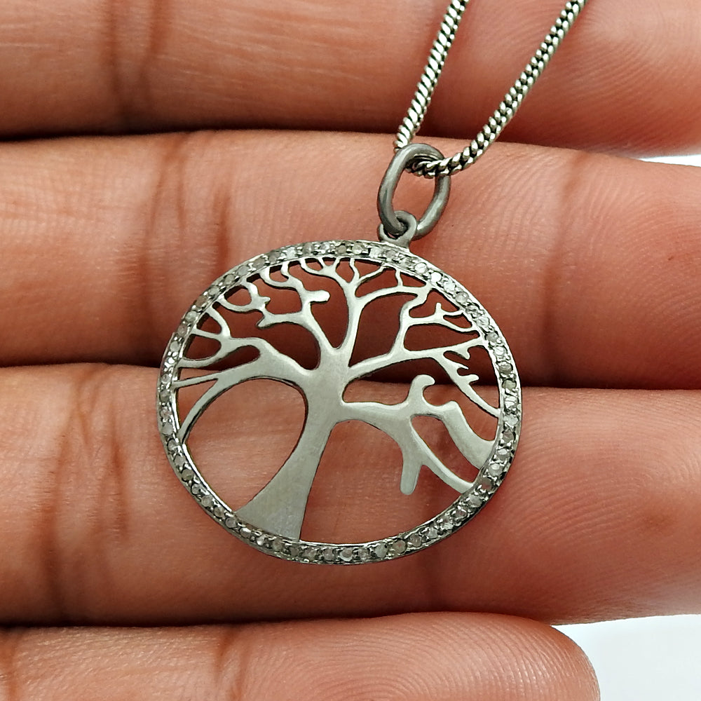 Tree Of Life Diamond Pendant Black Rhodium Plated 925 Sterling Silver Ethnic Jewelry