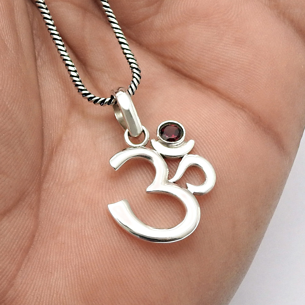 101 925 Silver January Birthstone Round Garnet Gemstone Om Pendant