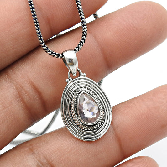 101 Natural Pink CZ Bezel Boho Sister Handmade Pendant Jewelry Solid Sterling Silver