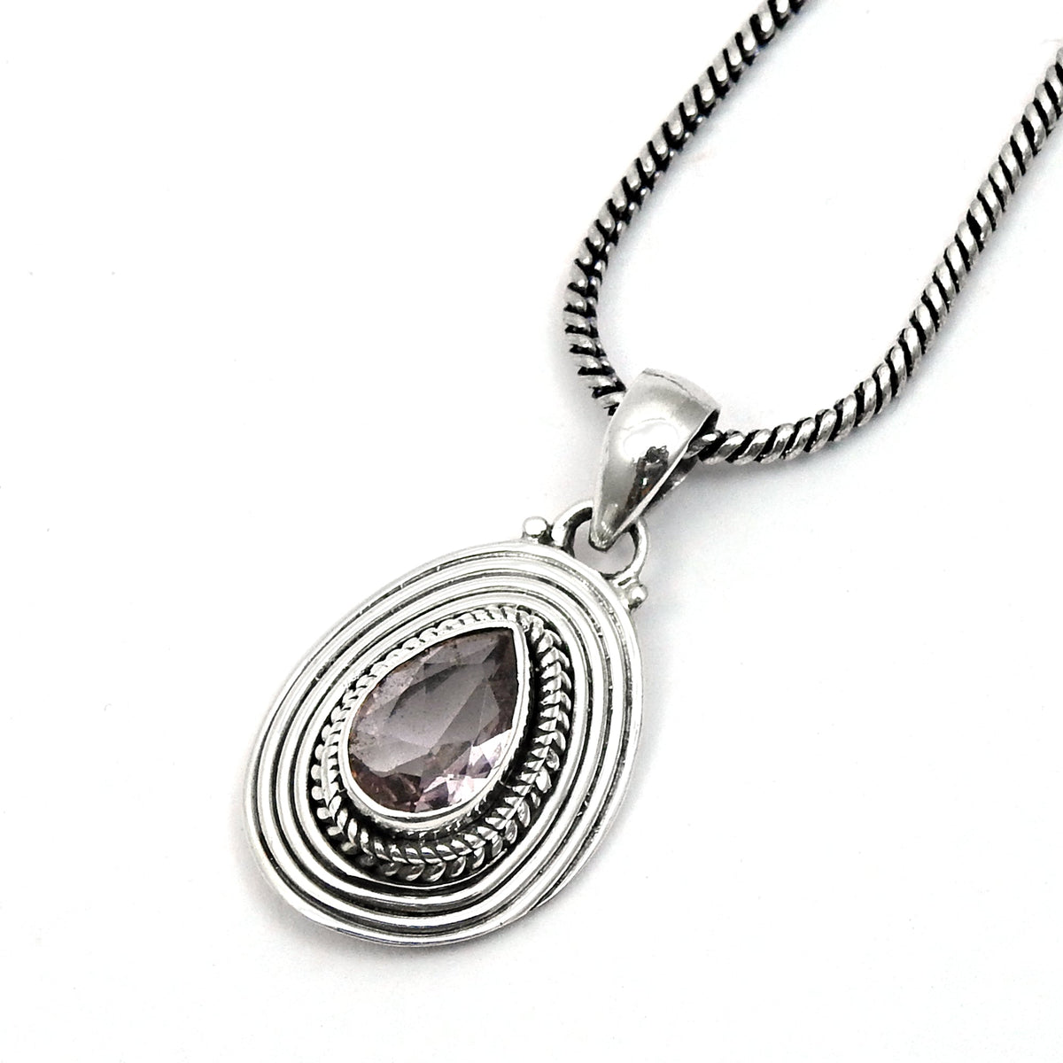 Natural Pink CZ Bezel Boho Sister Handmade Pendant Jewelry Solid Sterling Silver