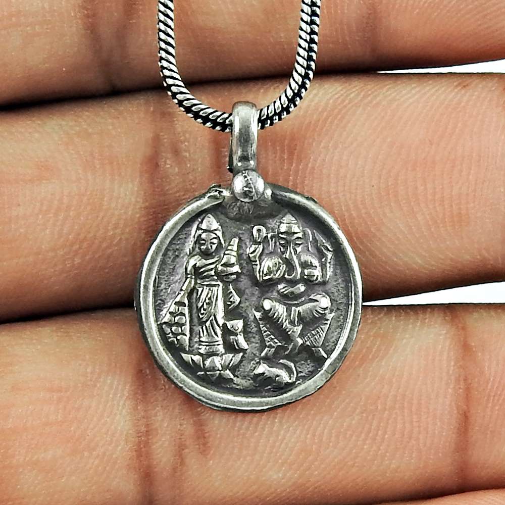 925 Sterling Silver Jewellery Ethnic Oxidised Silver Lakshmi Ganesh Handmade Pendant