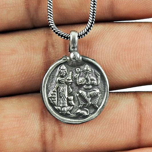 925 Sterling Silver Jewellery Ethnic Oxidised Silver Lakshmi Ganesh Handmade Pendant