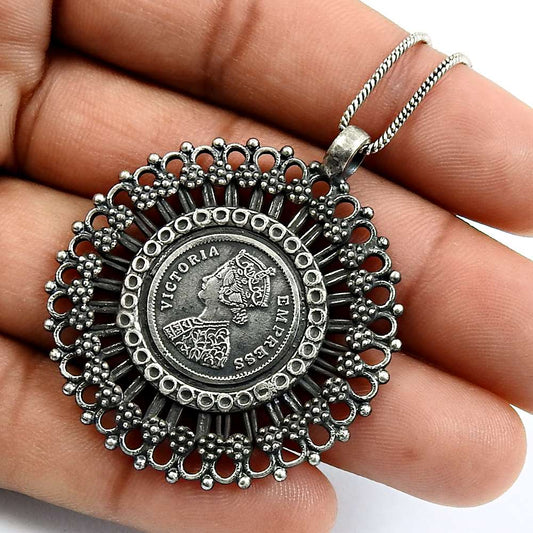 HANDMADE 925 Solid Sterling Silver Jewelry Oxidized Victoria Coin Pendant Q3