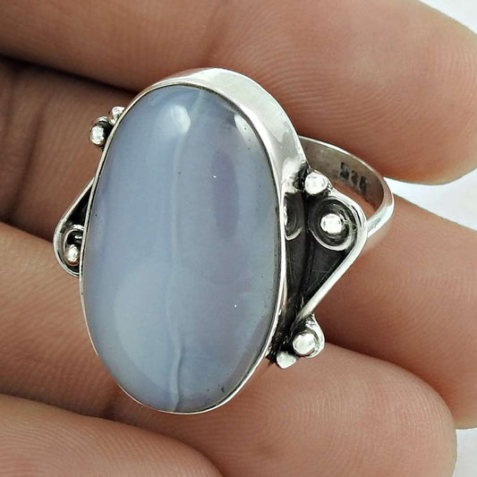 Mothers Day Gift Natural Chalcedony Solitaire Ring Size 7.5 925 Sterling Silver H1