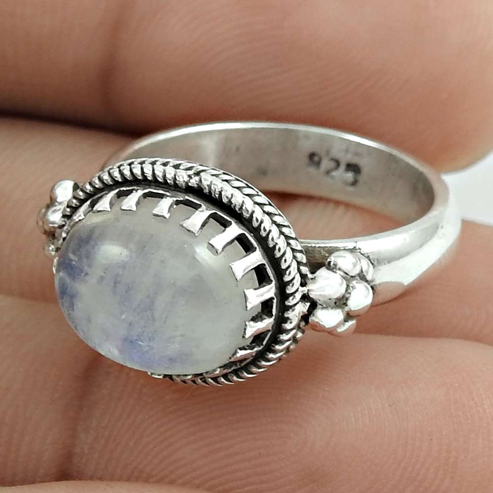 Mothers Day Gift 925 Silver Natural Rainbow Moonstone Cocktail Ring Size 6 J1