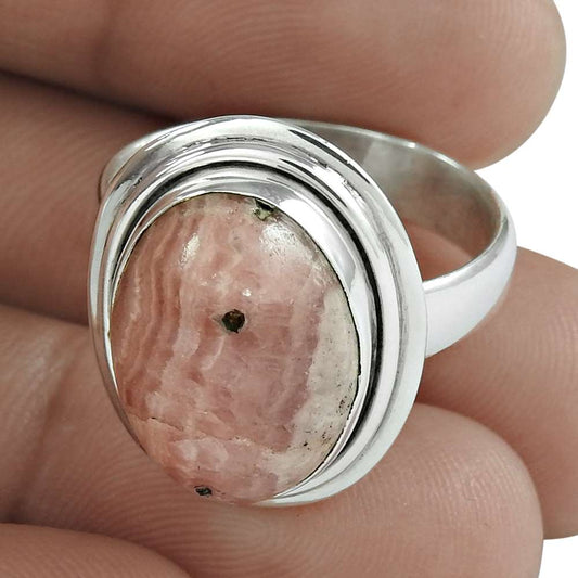 Natural Rhodochrosite Gemstone Solitaire Boho Ring Size 8.5 925 Silver C1