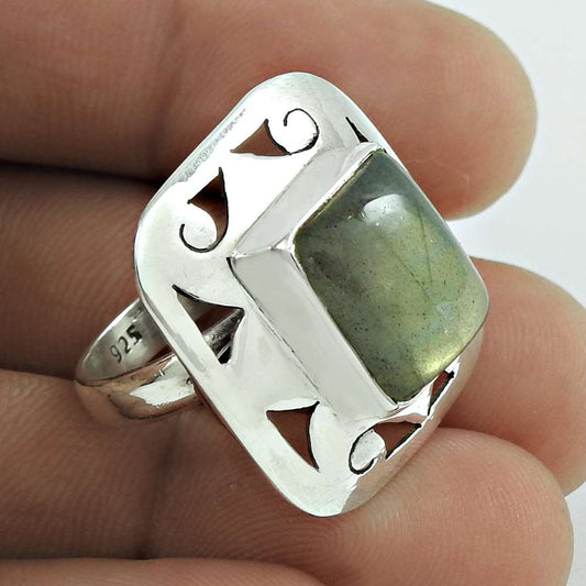 Natural Labradorite Gemstone 925 Silver Cocktail Ring Size 6 For Women H1