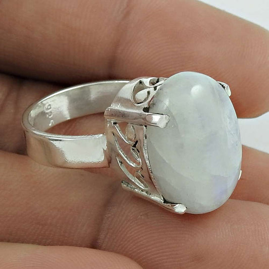Mothers Day Gift Statement Ring Size 7.5 925 Silver Natural Rainbow Moonstone B2