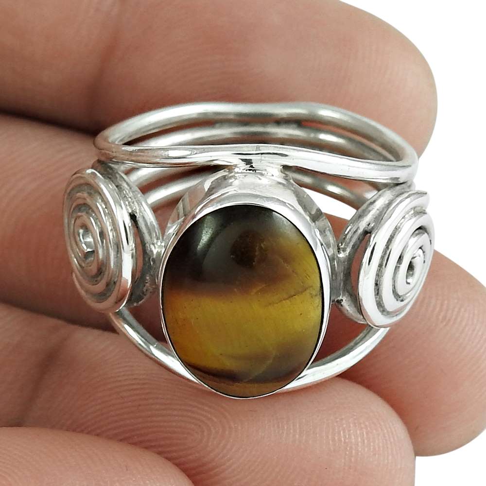 Mothers Day Gift Solitaire Ring Size 8.5 925 Silver Natural Tiger'S Eye C2