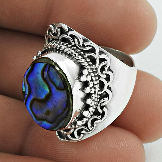 Natural Abalone Shell Gemstone 925 Silver Cocktail Boho Ring Size 7 For Women N1