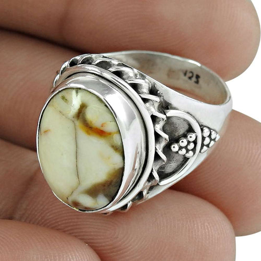 Gift For Her 925 Silver Natural Polka Dot Agate Cocktail Tribal Ring Size 8.5 J4