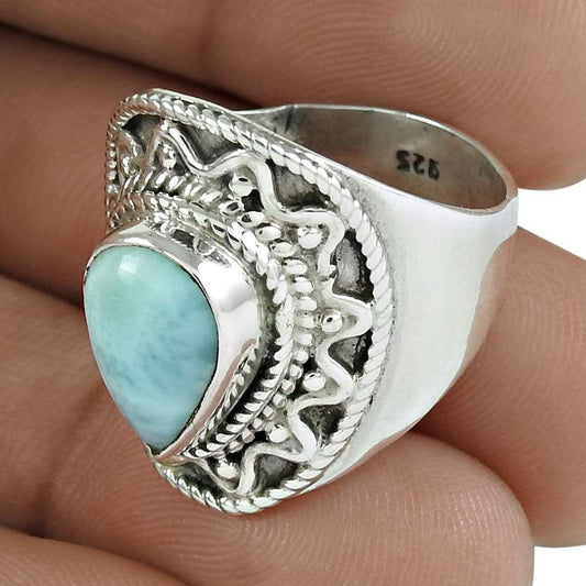Natural Larimar Gemstone Solitaire Ring Size 8.5 925 Silver For Women J1