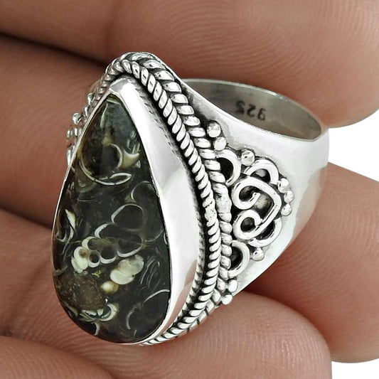 Mothers Day Gift 925 Silver Natural Crinoid Fossil Gemstone Ring Size 8 L2
