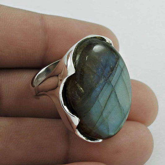 Mothers Day Gift Natural Labradorite Gemstone 925 Silver Solitaire Ring Size 7 F2