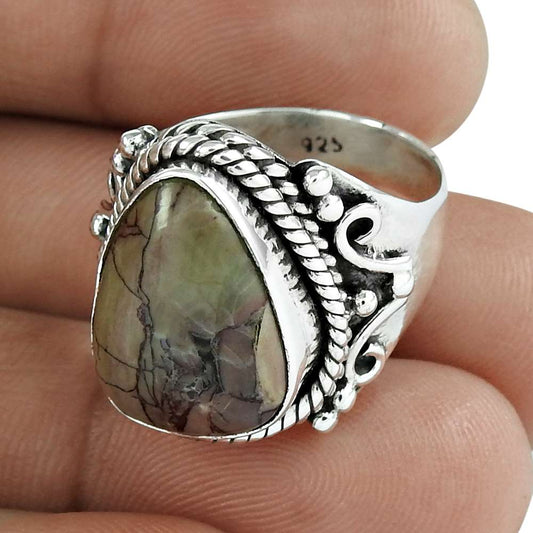 Natural Brush Agate Gemstone Solitaire Chocolate Ring Size 7.5 925 Silver B3