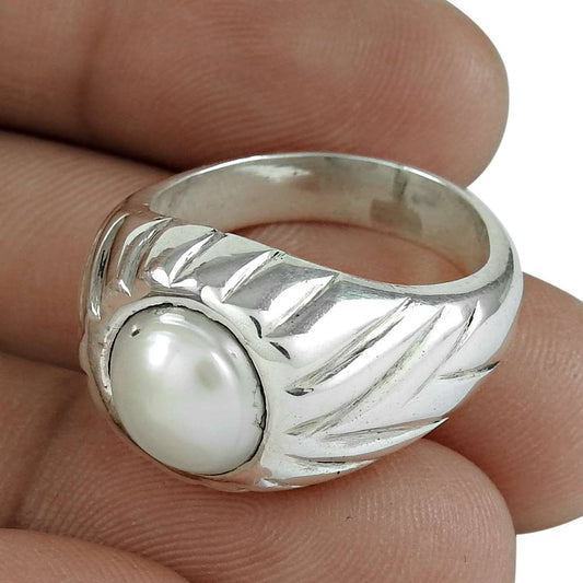 Mothers Day Gift 925 Silver Natural Pearl Solitaire Bohemian Ring Size 7.5 M1