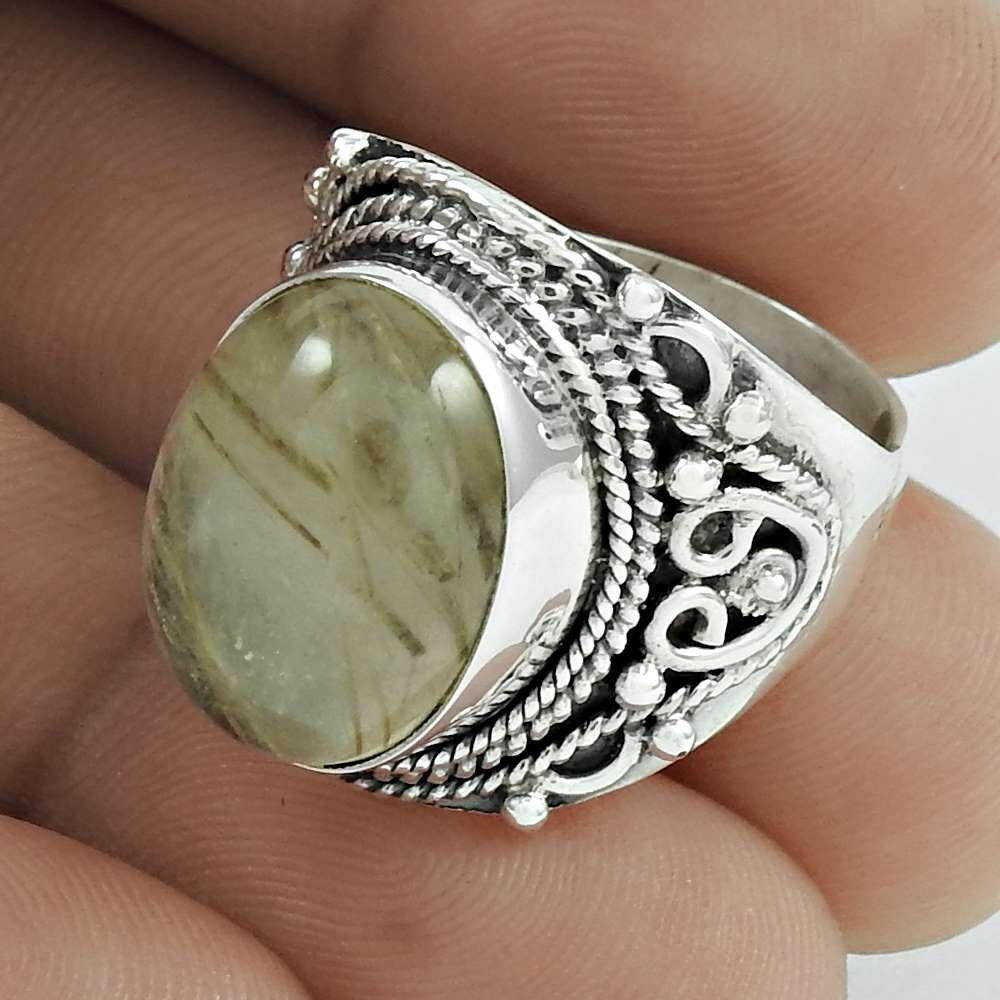 925 Silver Natural Rutilated Quartz Solitaire Bohemian Ring Size 7 V1