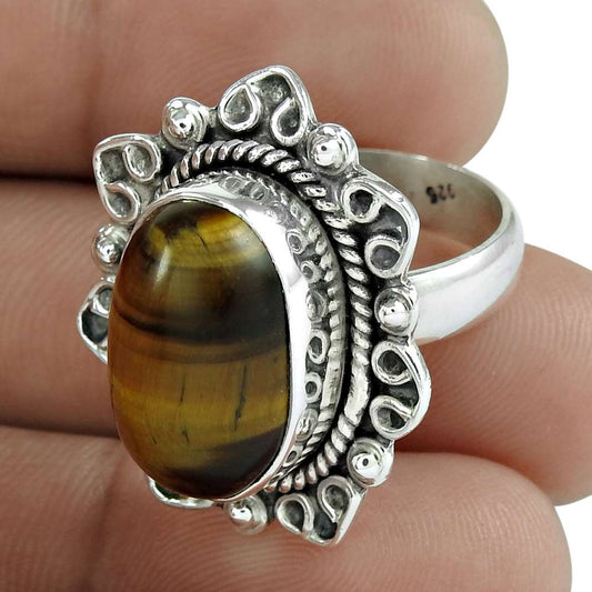 Mothers Day Gift Natural Tiger'S Eye Gemstone Ring Size 6.5 925 Sterling Silver A3