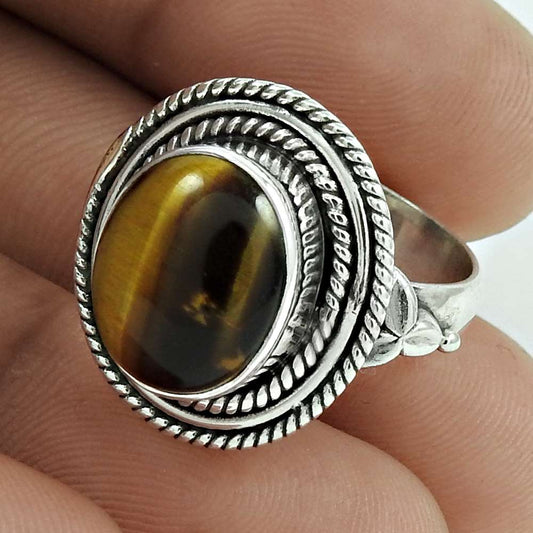 Mothers Day Gift Tiger'S Eye Gemstone 925 Silver Cocktail Ring Size 6.5 N6