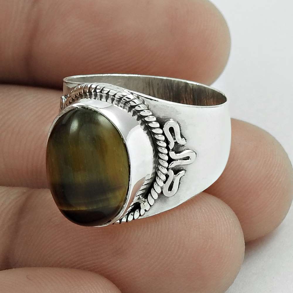 Natural Tiger'S Eye Gemstone 925 Silver Cocktail Boho Ring Size 7 For Women D10