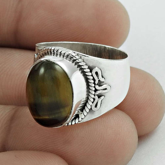 Natural Tiger'S Eye Gemstone 925 Silver Cocktail Boho Ring Size 7 For Women D10