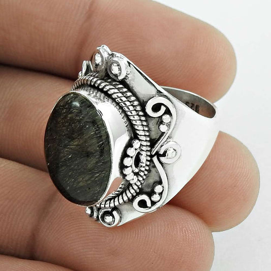Mothers Day Gift Natural Rutile Gemstone 925 Silver Statement Boho Ring Size 8 C4