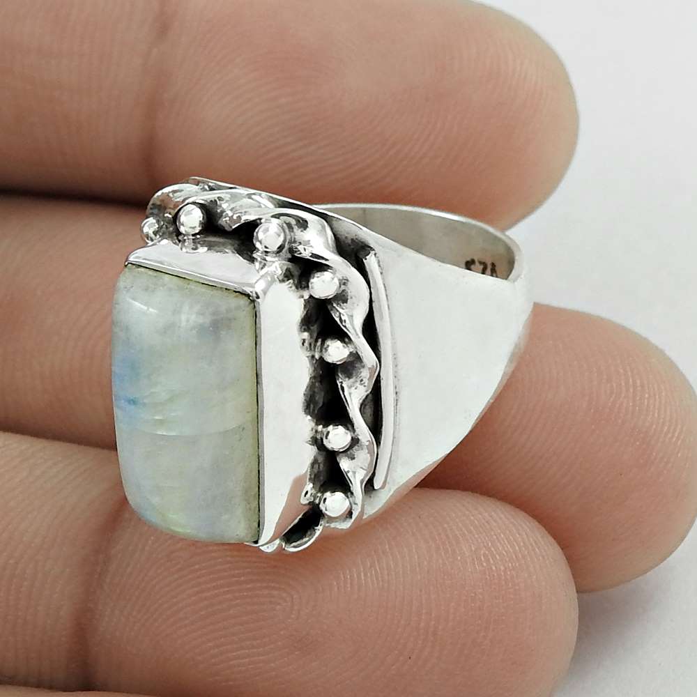 Mothers Day Gift 925 Silver Natural Rainbow Moonstone Solitaire Ring Size 7 F7