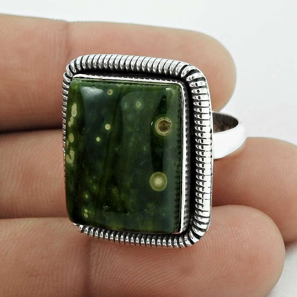 Gift For Her Natural Green Swiss Opal Statement Tribal Ring Size 8 925 Silver P3