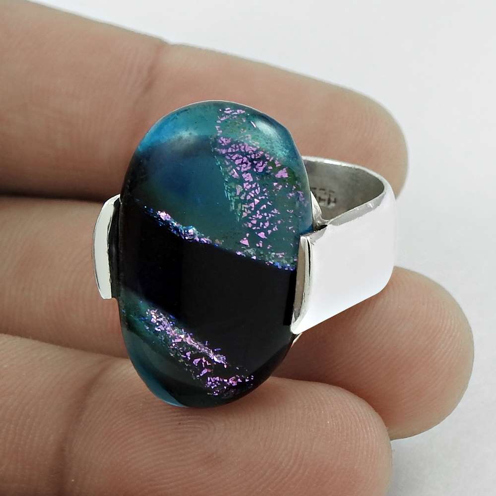 Natural Dico Glass Gemstone Statement Ring Size 6 925 Silver Mothers Day Gift C8