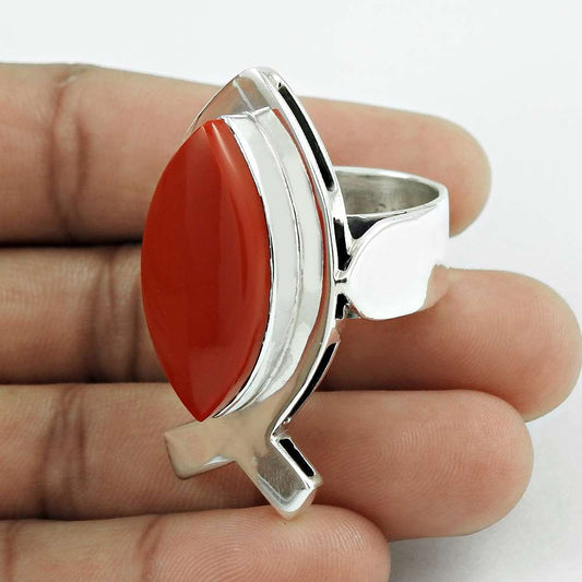 Mothers Day Gift 925 Sterling Silver Natural Coral Gemstone Ring Size 9 E8