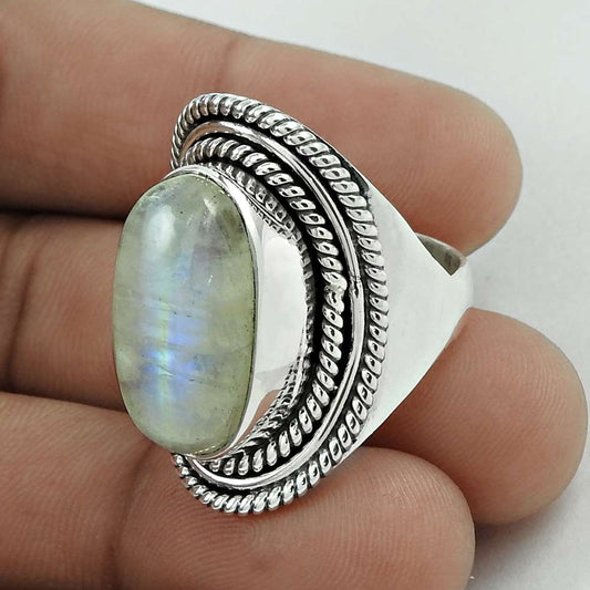 Mothers Day Gift 925 Silver Natural Rainbow Moonstone Statement Ring Size 8 G8