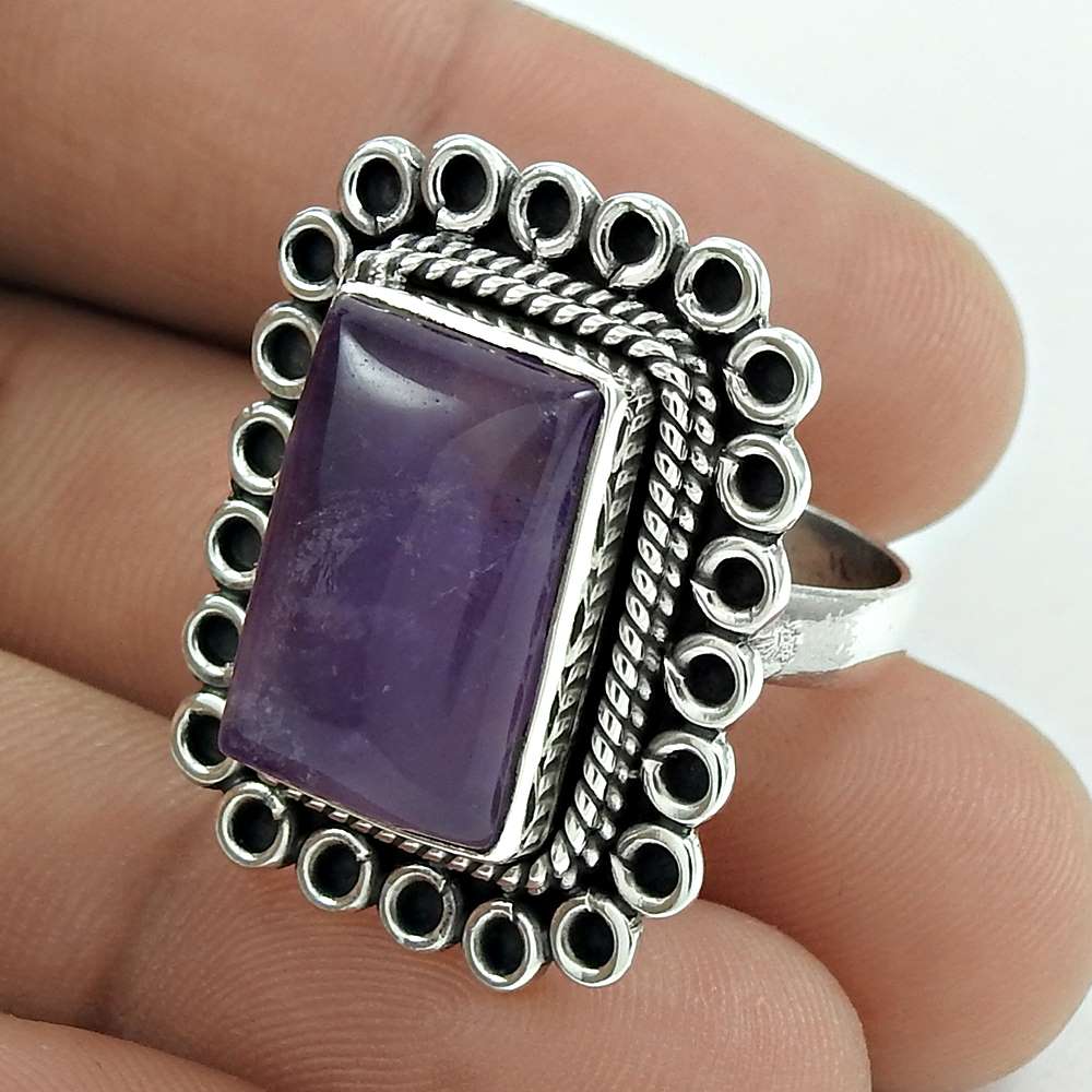Natural Amethyst Gemstone 925 Silver Statement Ring Size 8.5 For Women H3