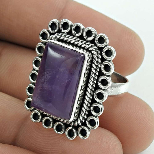 Natural Amethyst Gemstone 925 Silver Statement Ring Size 8.5 For Women H3
