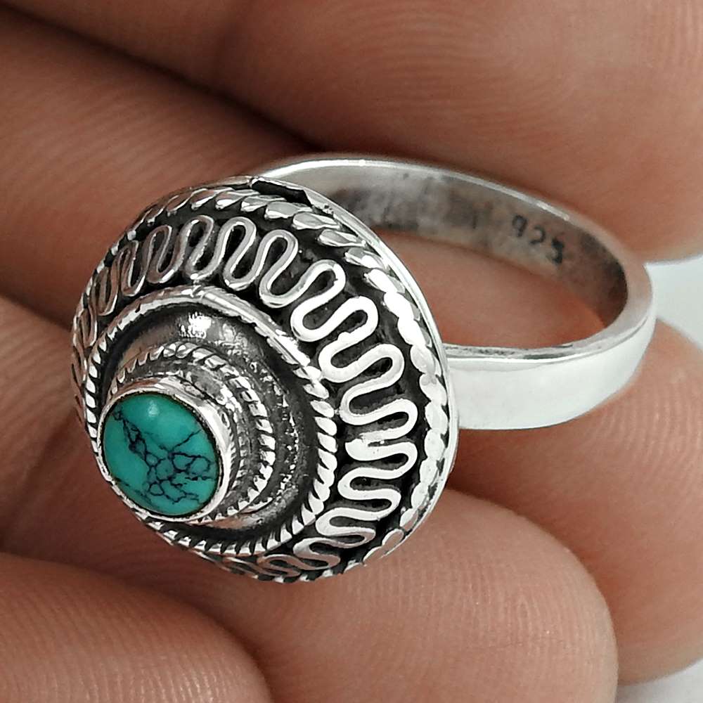 Natural turquoise gemstone cocktail tribal ring 925 silver for women c52