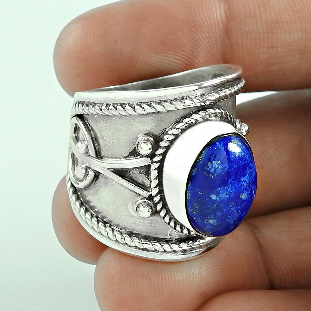 Gift for her natural lapis lazuli solitaire tribal ring 925 silver s59
