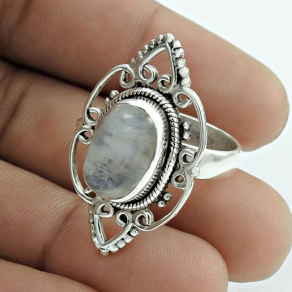 Natural Rainbow Moonstone Cocktail Boho Mothers Day Gift Ring Size 7 925 Silver G2