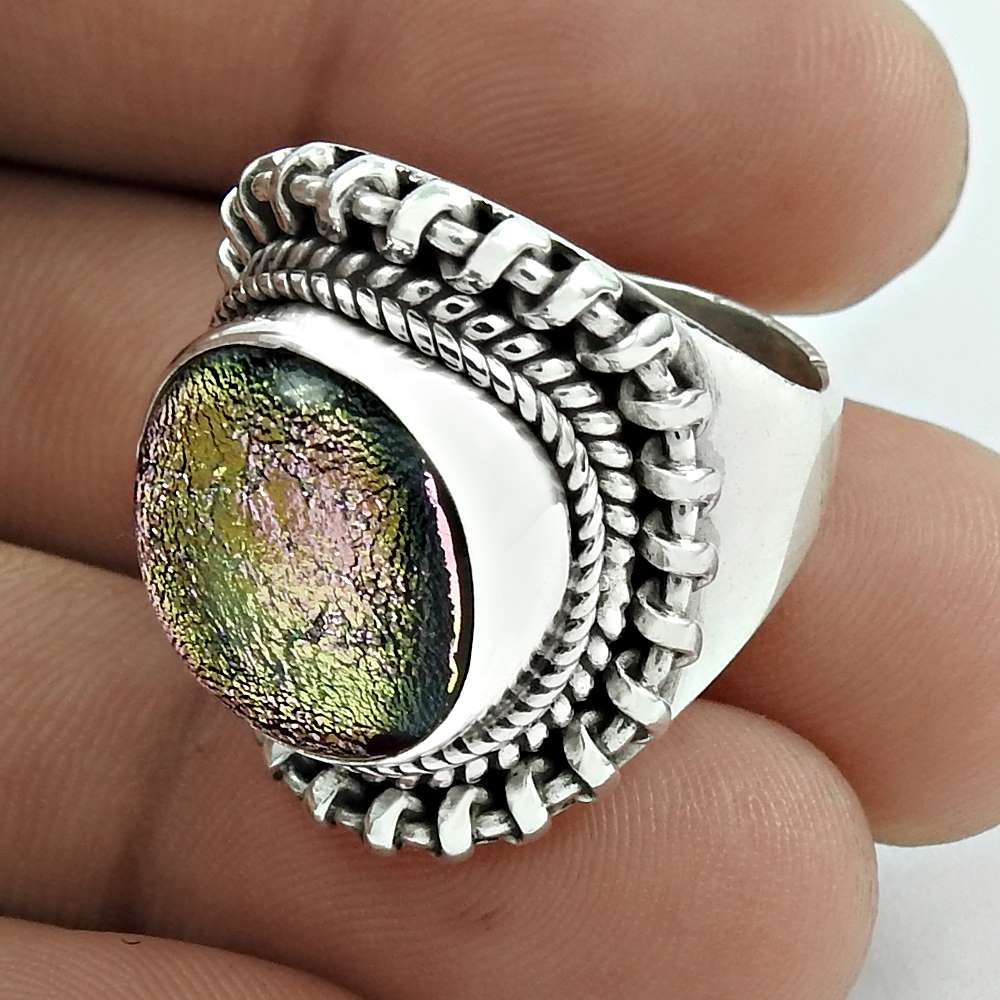 Natural Dico Glass Gemstone Statement Mothers Day Gift Ring Size 8 925 Silver O2