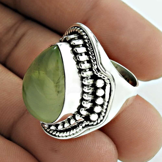 Woman Gift Natural Prehnite 925 Sterling Silver Bohemian Ring Size 8.5 W12
