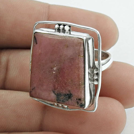 Mothers Day Gift Statement Bohemian Ring Size 7.5 925 Silver Natural Rhodonite Q2